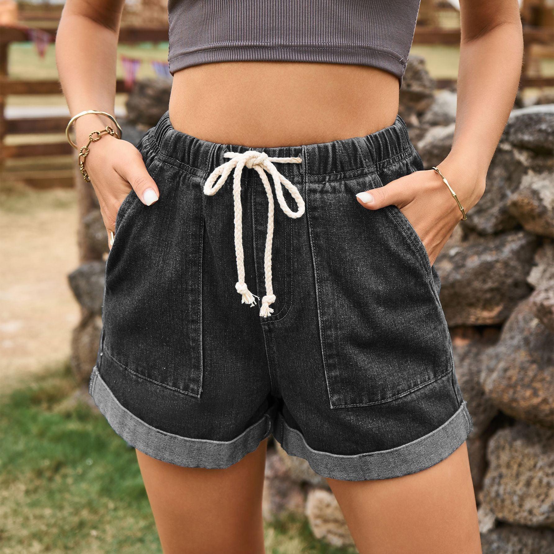 Tied Elastic Waist Curling Denim Shorts For Women - FASHION - Your-Look