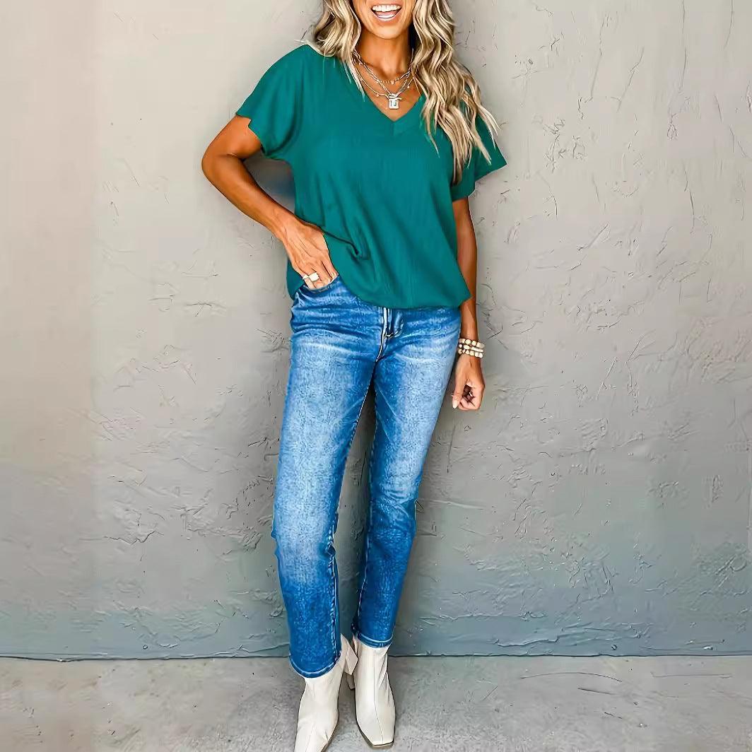 Solid Color And V-neck Three-quarter Sleeve Top For Women European American Simple Versatile - FASHION - Your-Look