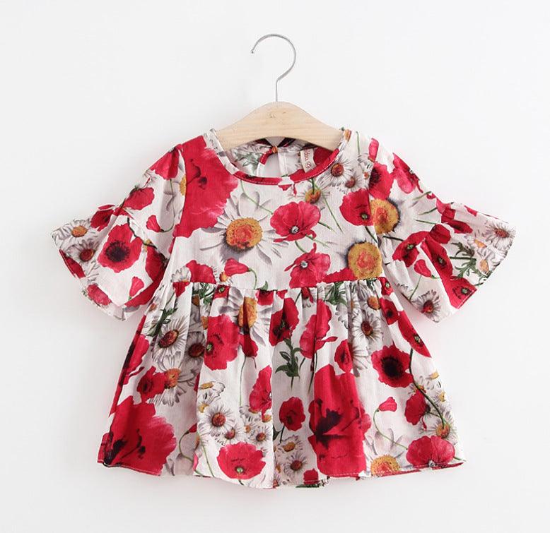Girls Kids Skirts Flared Sleeve Printed Cotton Dress - - Your-Look