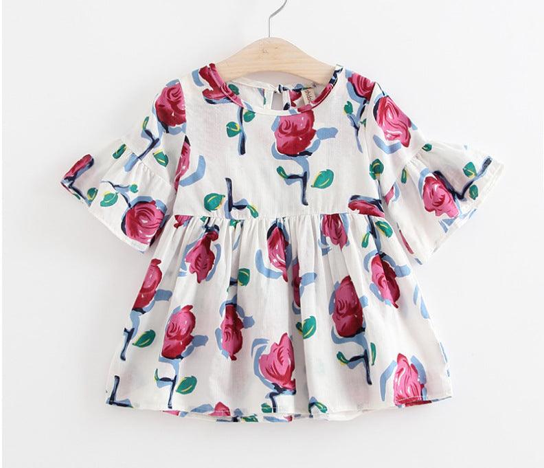 Girls Kids Skirts Flared Sleeve Printed Cotton Dress - - Your-Look