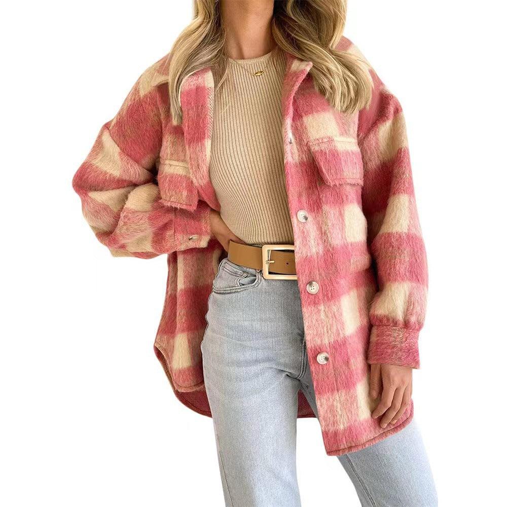 Chic and Cozy: Woolen Plaid Mohair Long-sleeved Coat for Autumn and Winter - Your-Look