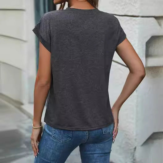 Buttons Short Sleeve Casual Ladies T-shirt