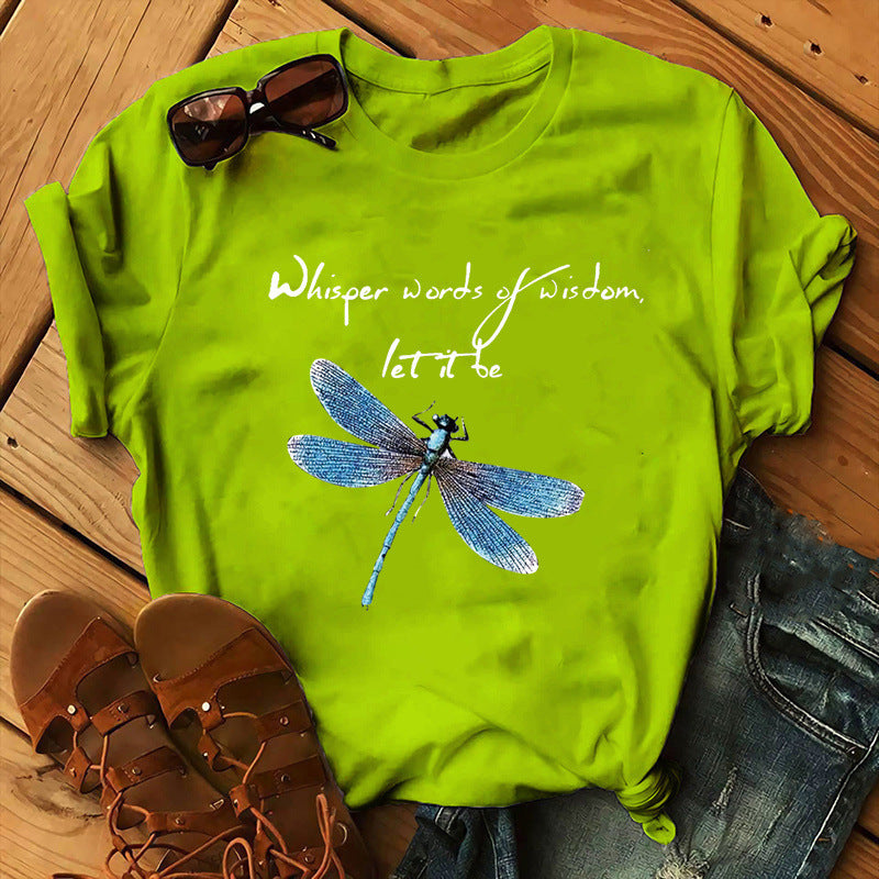 Let It Be Letter Dragonfly Print Casual Women&