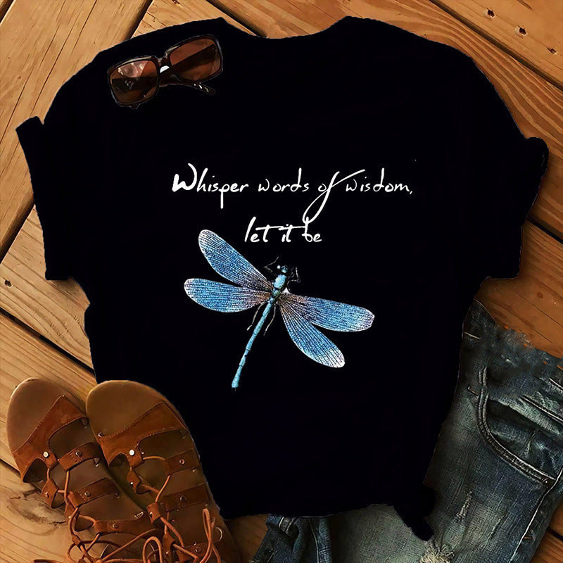 Let It Be Letter Dragonfly Print Casual Women&