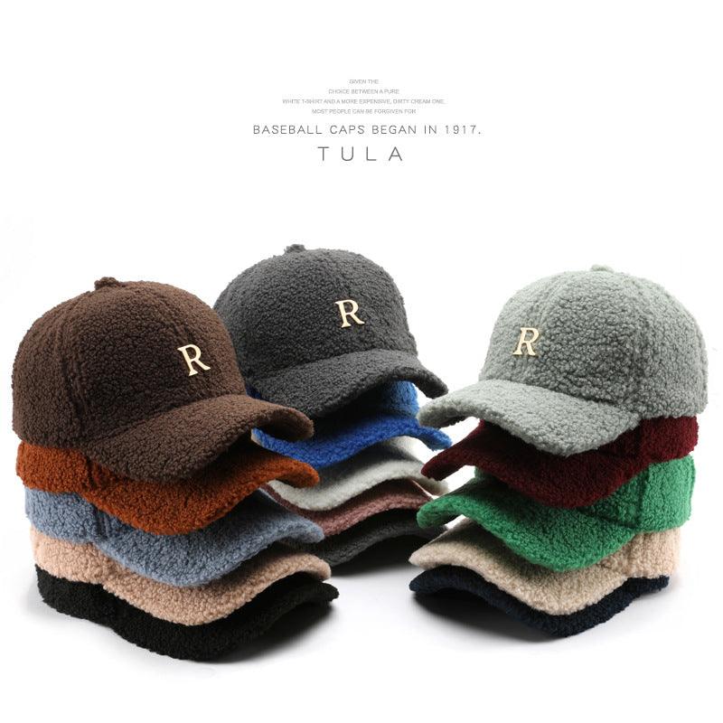 Autumn And Winter Letter R Solid Color Lamb Wool Baseball Cap Outdoor Sun Protection - Fashion - Your-Look