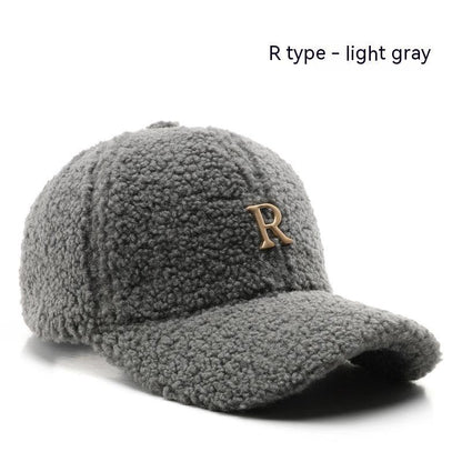 Autumn And Winter Letter R Solid Color Lamb Wool Baseball Cap Outdoor Sun Protection - Fashion - Your-Look