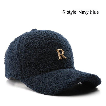 Autumn And Winter Letter R Solid Color Lamb Wool Baseball Cap Outdoor Sun Protection - Fashion - Your-Look