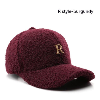 Autumn And Winter Letter R Solid Color Lamb Wool Baseball Cap Outdoor Sun Protection - Fashion - Your-Look