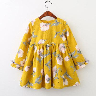 autumn dress, new girl princess dress, full print flower, bow knot long sleeve dress, children&