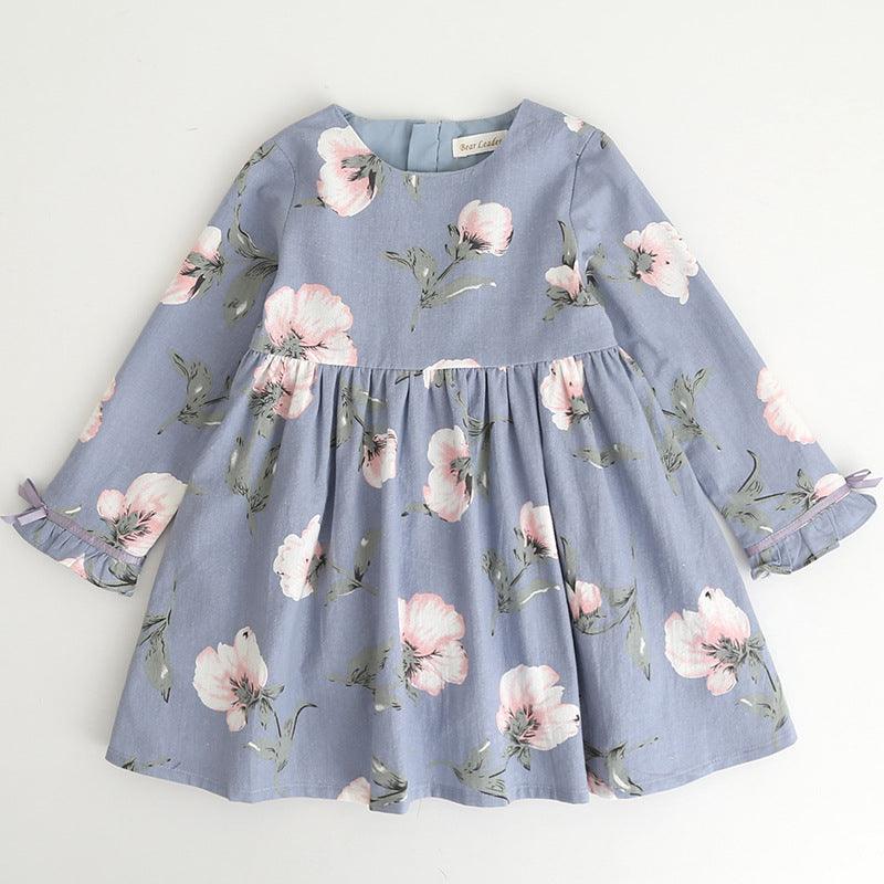 autumn dress, new girl princess dress, full print flower, bow knot long sleeve dress, children&