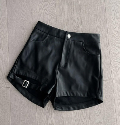 Black Buckle Washed Leather Shorts For Women - FASHION - Your-Look