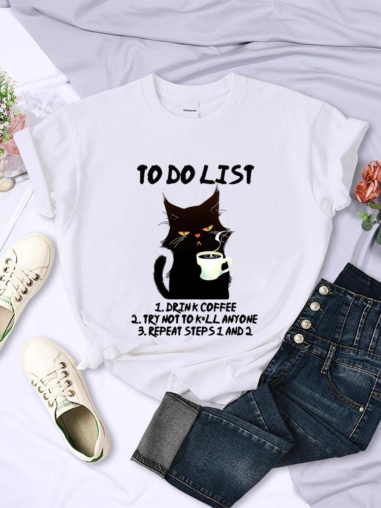 "Feline Agenda" Black Cat To-Do List Pattern T-Shirt - Add a Touch of Whimsy to Your Day Your-Look