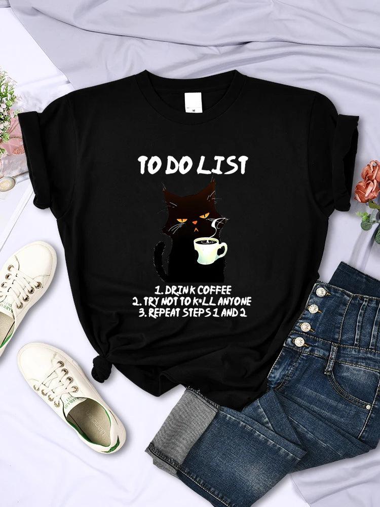 &quot;Feline Agenda&quot; Black Cat To-Do List Pattern T-Shirt - Add a Touch of Whimsy to Your Day Your-Look
