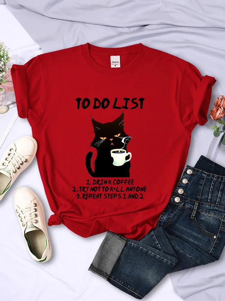&quot;Feline Agenda&quot; Black Cat To-Do List Pattern T-Shirt - Add a Touch of Whimsy to Your Day Your-Look