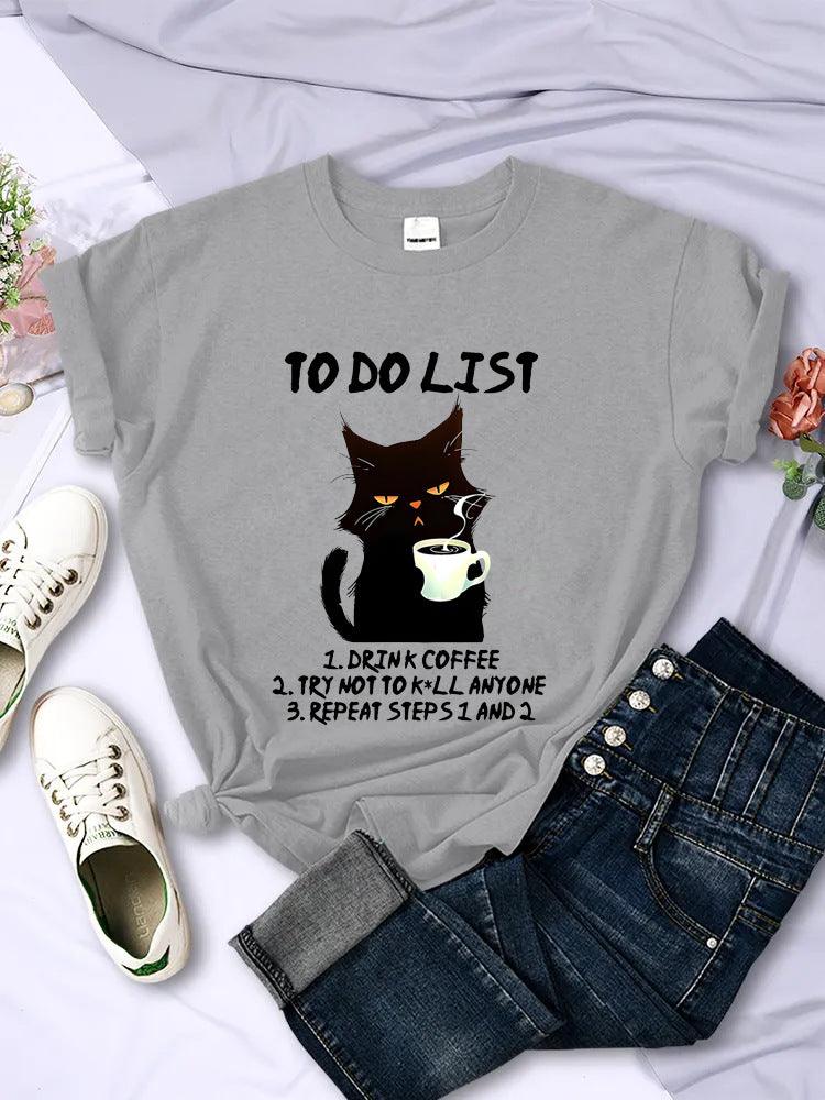 &quot;Feline Agenda&quot; Black Cat To-Do List Pattern T-Shirt - Add a Touch of Whimsy to Your Day Your-Look