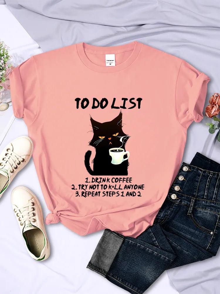 &quot;Feline Agenda&quot; Black Cat To-Do List Pattern T-Shirt - Add a Touch of Whimsy to Your Day Your-Look