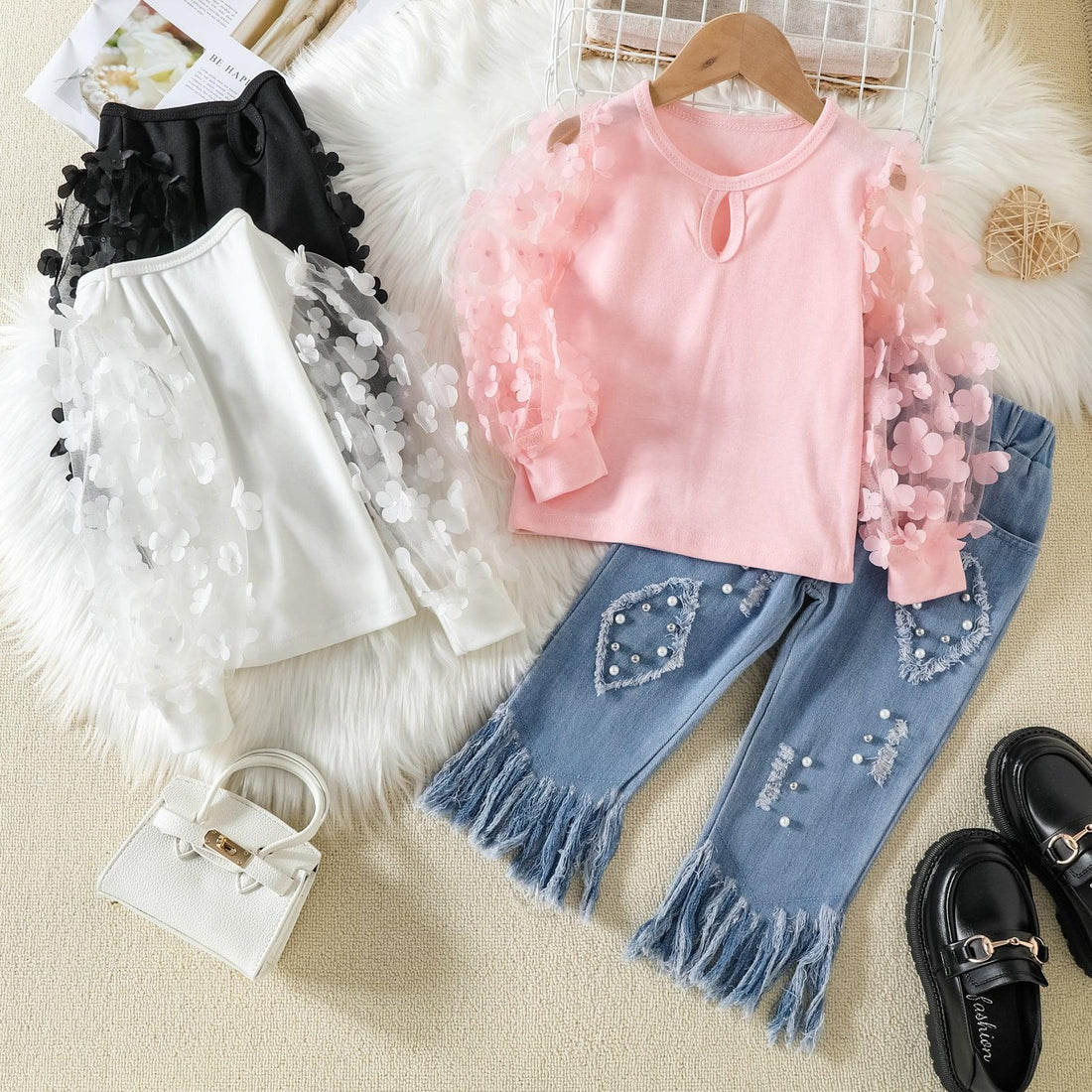 Girls Mesh Stitching Top Tassel Fur Trim Jeans Set - - Your-Look
