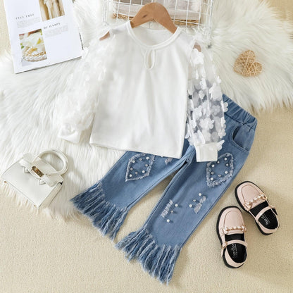 Girls Mesh Stitching Top Tassel Fur Trim Jeans Set -  - Your-Look