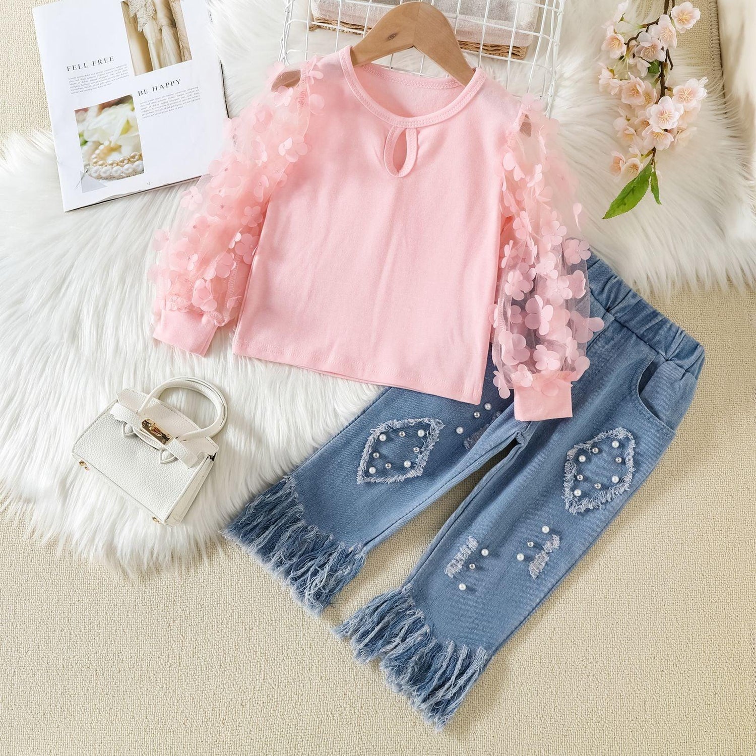 Girls Mesh Stitching Top Tassel Fur Trim Jeans Set -  - Your-Look