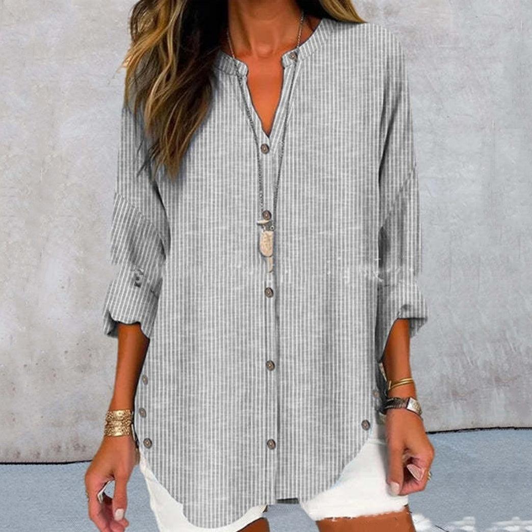 Casual Fashion Button Striped Long Sleeve Solid Color Shirt - Fashion - Your-Look