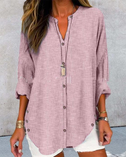 Casual Fashion Button Striped Long Sleeve Solid Color Shirt - Fashion - Your-Look