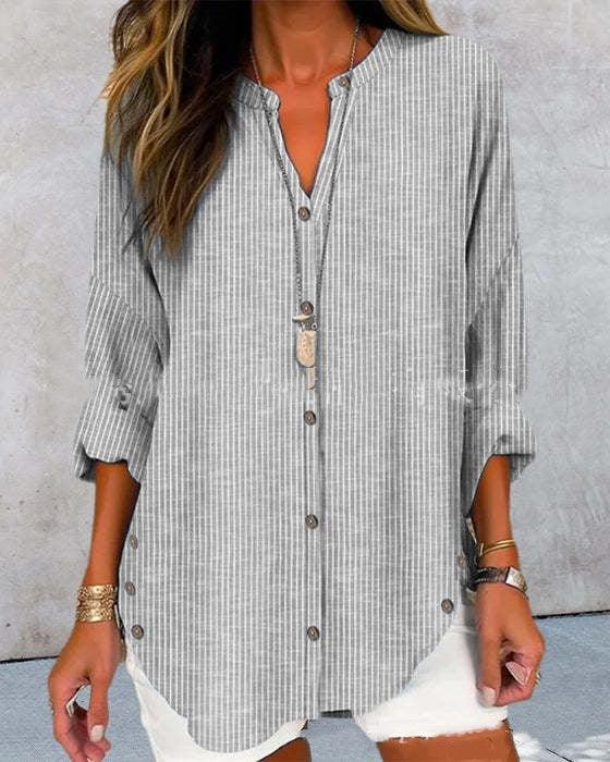 Casual Fashion Striped Long Sleeve Solid Color Shirt with Button Detailing