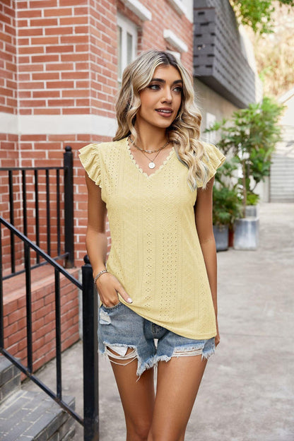 European And American V-neck T-shirt Hole Hollow-out Short-sleeved Casual Top - Fashion - Your-Look