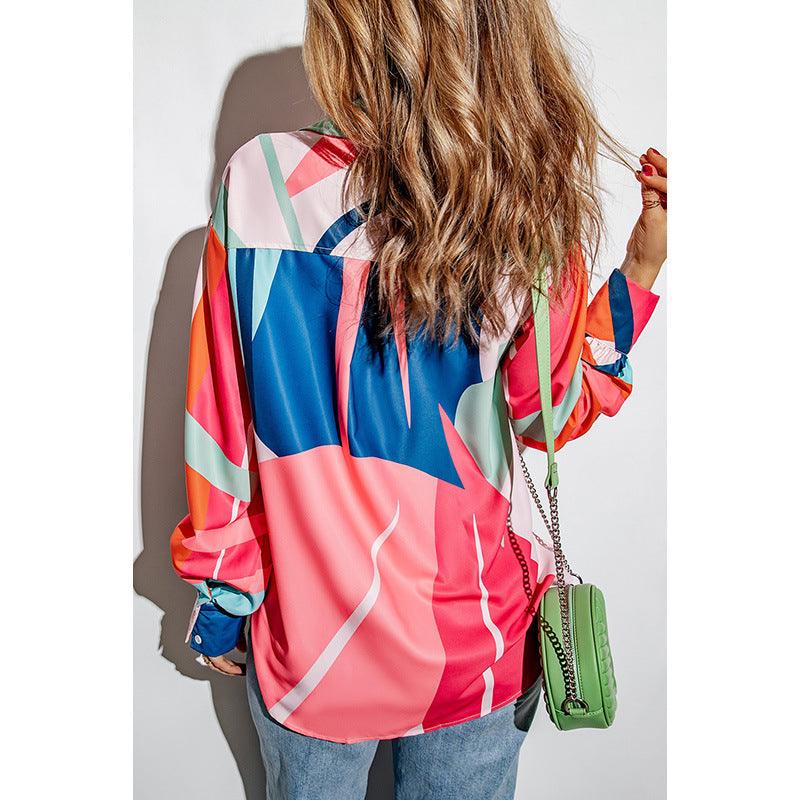 Chic Contrast: Printing Color Contrast Thin Long-sleeved Top for Women