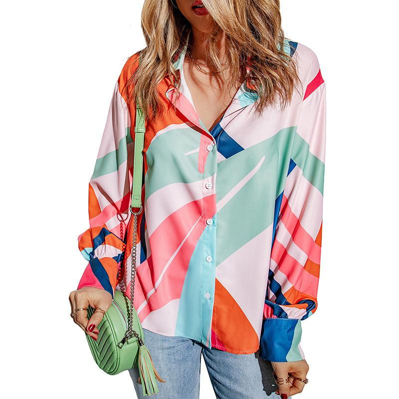 Chic Contrast: Printing Color Contrast Thin Long-sleeved Top for Women