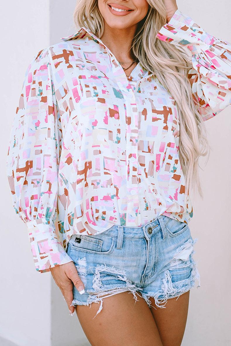 Contemporary Chic: Color Stitching Turnover Neck Shirt with Loose Abstract Printing