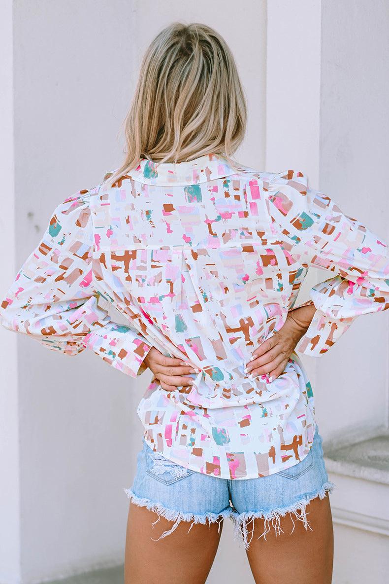 Contemporary Chic: Color Stitching Turnover Neck Shirt with Loose Abstract Printing