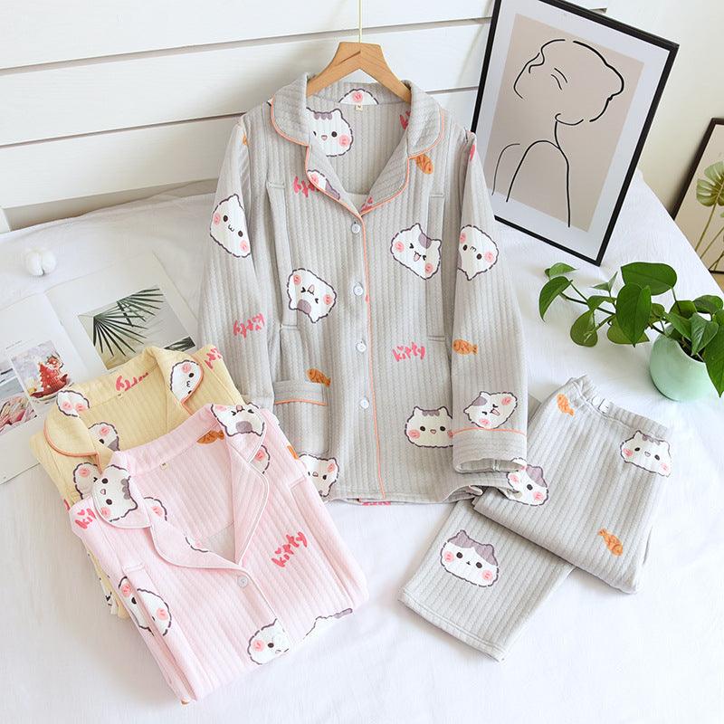 "Cozy Comforts" Kitten Air Layer Nursing Pyjamas Thickened Set - Embrace Warmth and Convenience