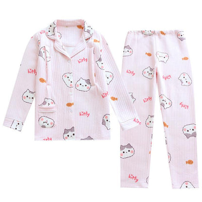 &quot;Cozy Comforts&quot; Kitten Air Layer Nursing Pyjamas Thickened Set - Embrace Warmth and Convenience