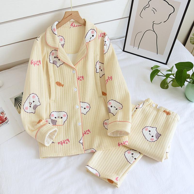 &quot;Cozy Comforts&quot; Kitten Air Layer Nursing Pyjamas Thickened Set - Embrace Warmth and Convenience