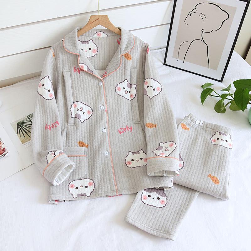 &quot;Cozy Comforts&quot; Kitten Air Layer Nursing Pyjamas Thickened Set - Embrace Warmth and Convenience