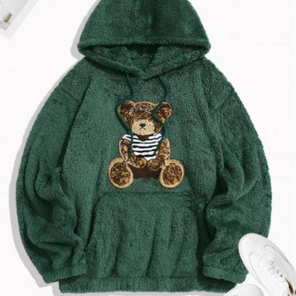 Flannel Fabric Plush Bear Embroidery Badge Hooded Sweater - Fashion - Your-Look