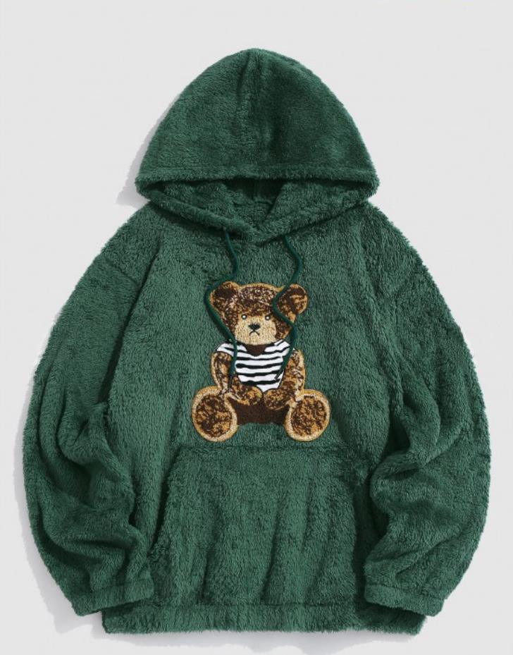 Flannel Fabric Plush Bear Embroidery Badge Hooded Sweater - Fashion - Your-Look