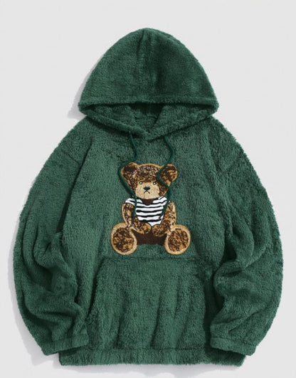 Flannel Fabric Plush Bear Embroidery Badge Hooded Sweater - Fashion - Your-Look