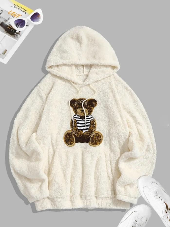 Flannel Fabric Plush Bear Embroidery Badge Hooded Sweater - Fashion - Your-Look