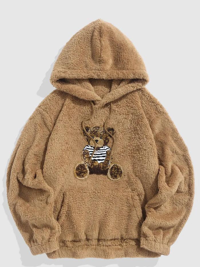 Flannel Fabric Plush Bear Embroidery Badge Hooded Sweater - Fashion - Your-Look