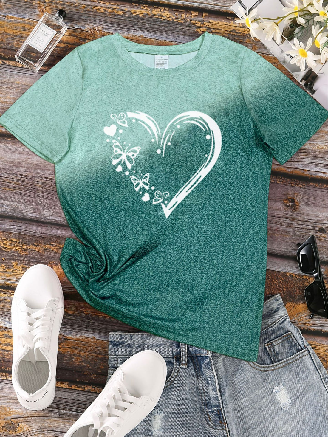 Love Gradient Printing T-shirt - Fashion Street Short Sleeve Round Neck Straight Top