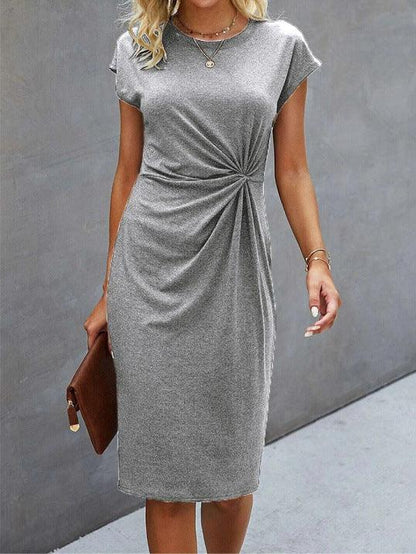 Solid Color Round Neck Loose Short Sleeve Dress - Fashion - Your-Look