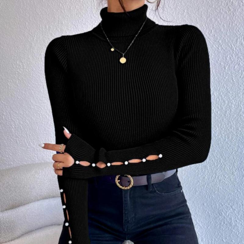 Spring Button Sweater Half Turtleneck Slim Fit Sexy Long Sleeve Women&