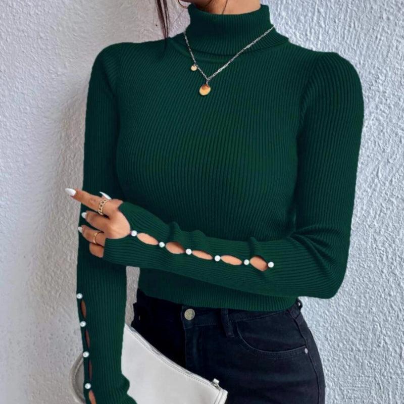 Spring Button Sweater Half Turtleneck Slim Fit Sexy Long Sleeve Women&