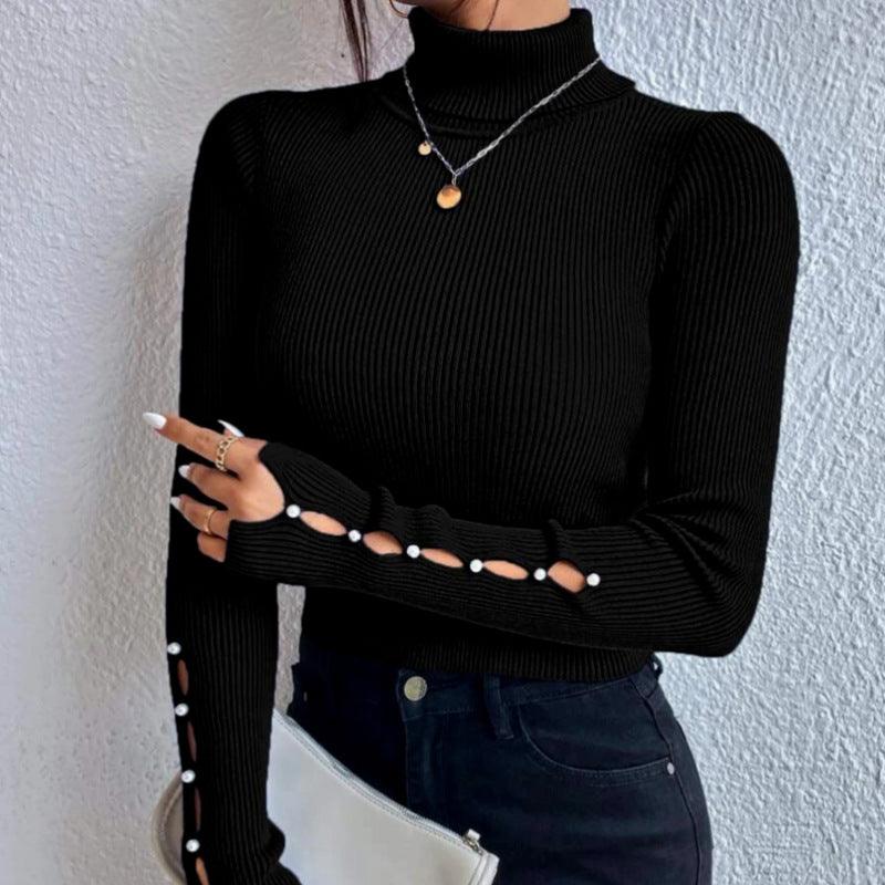 Spring Button Sweater Half Turtleneck Slim Fit Sexy Long Sleeve Women&