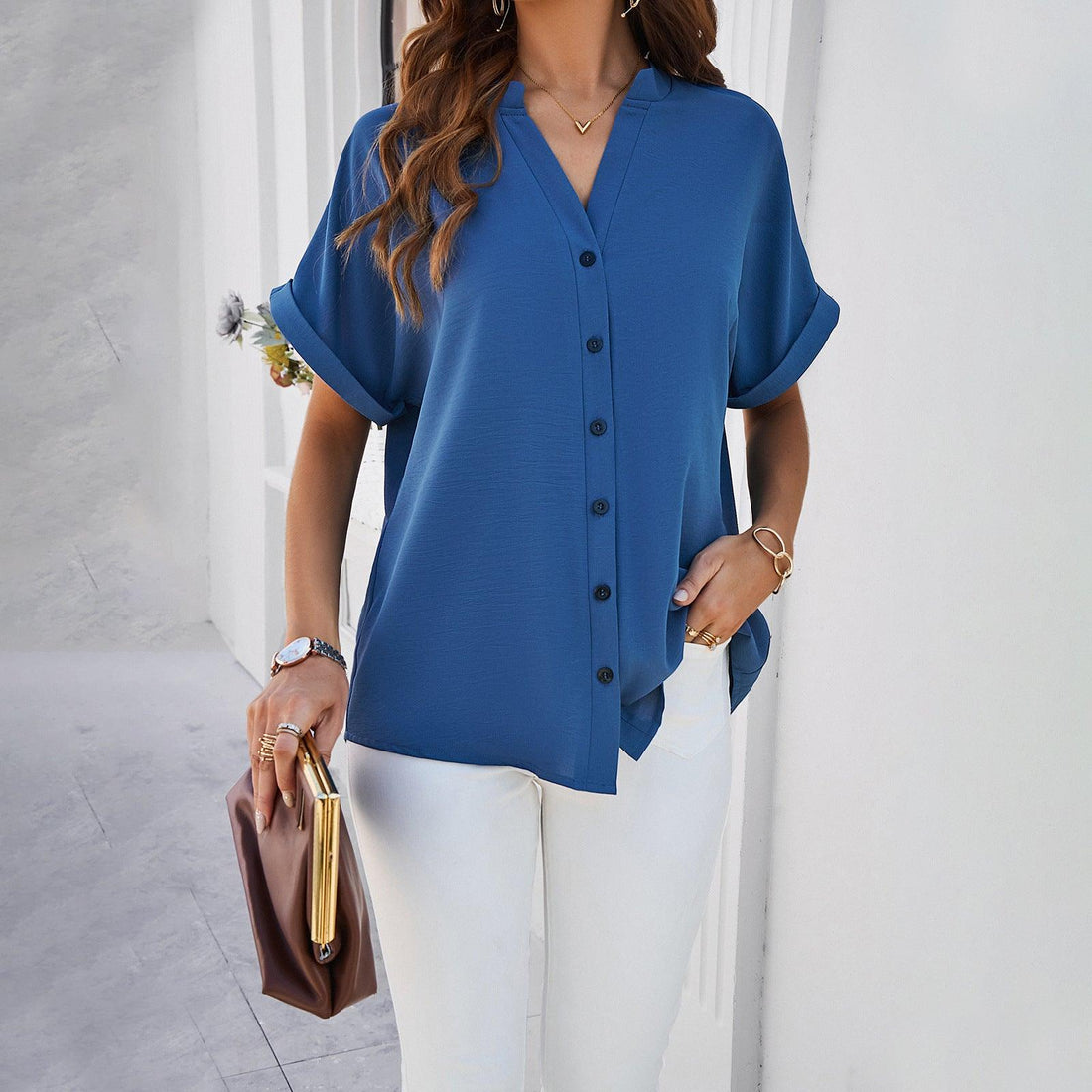 SpringSummer Temperament Pure Color Casual Stand Collar Shirt - Fashion - Your-Look