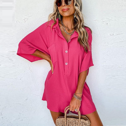 Solid Color Short-sleeved Jumpsuit Loose Casual Multi-pocket - Fashion - Your-Look
