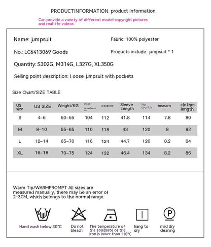 Solid Color Short-sleeved Jumpsuit Loose Casual Multi-pocket - Fashion - Your-Look