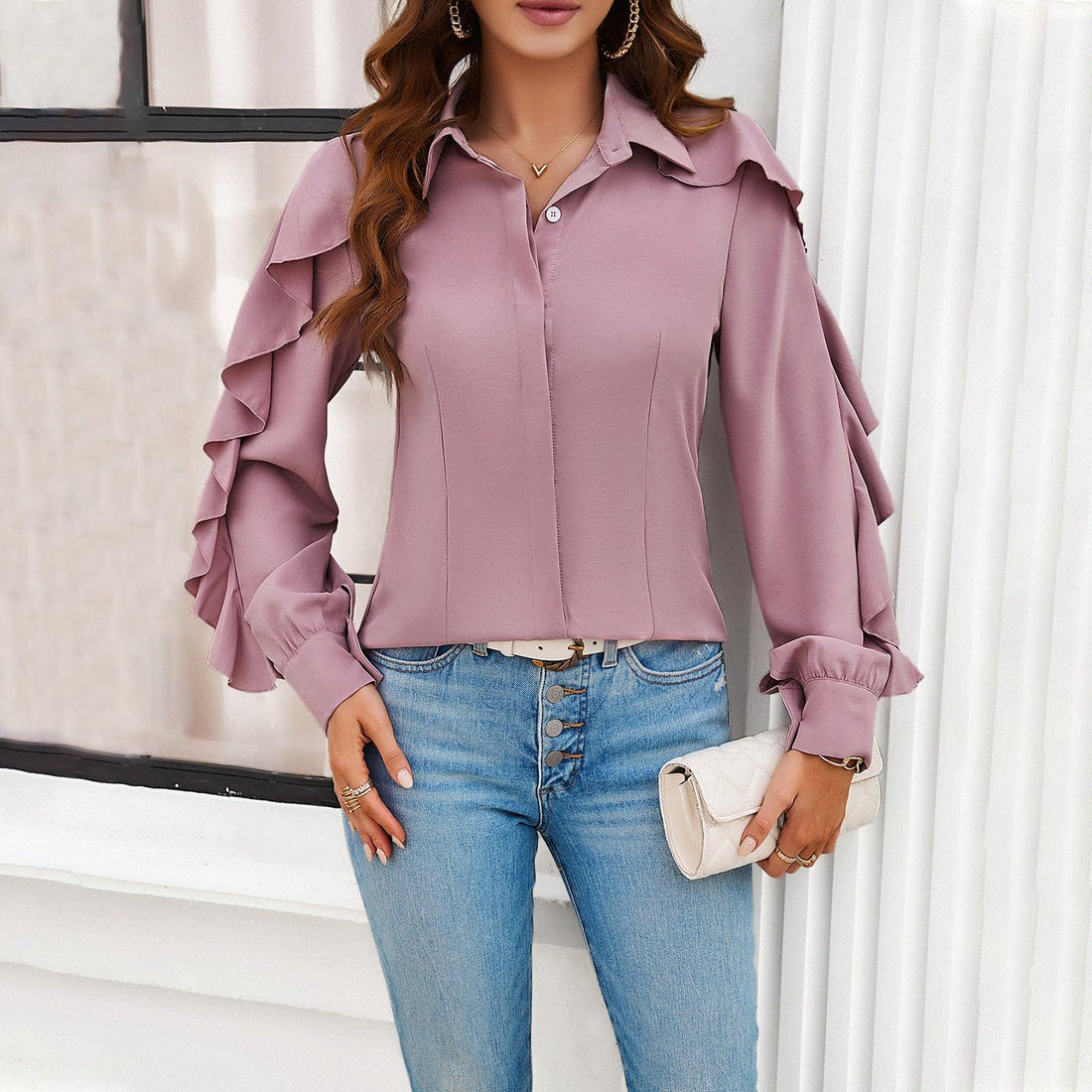 Spring And Summer Leisure Solid Color Ruffle Sleeve Shirt - Fashion - Your-Look