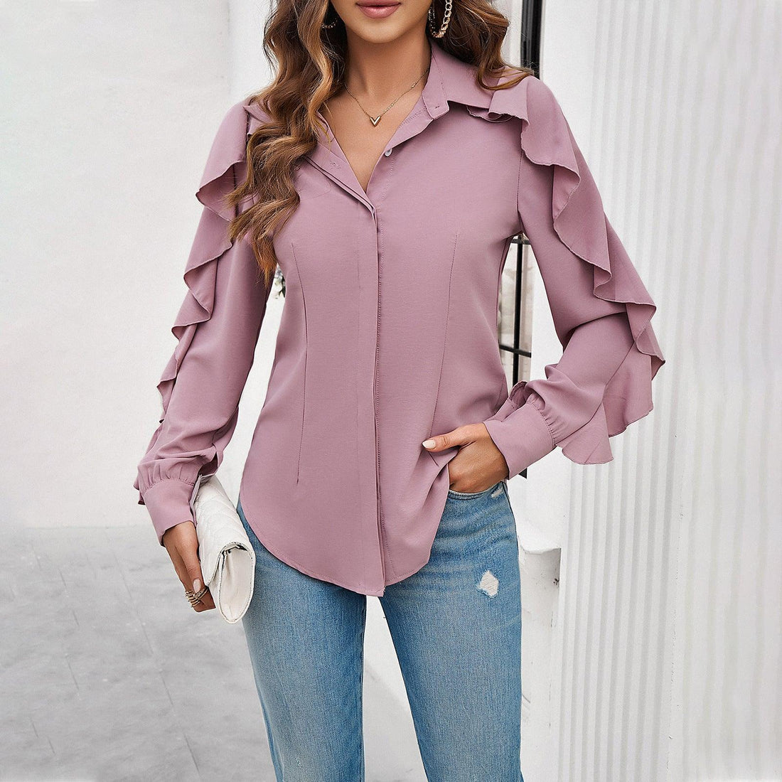 Spring And Summer Leisure Solid Color Ruffle Sleeve Shirt - Fashion - Your-Look